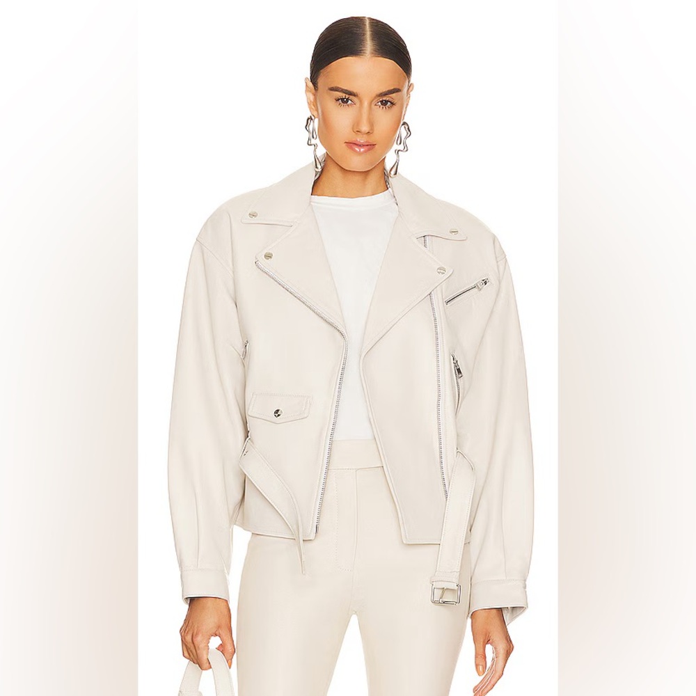 LAMARQUE Daniela Motorcycle Jacket‎ in Bone Small Leather Full Zip Belted Lined